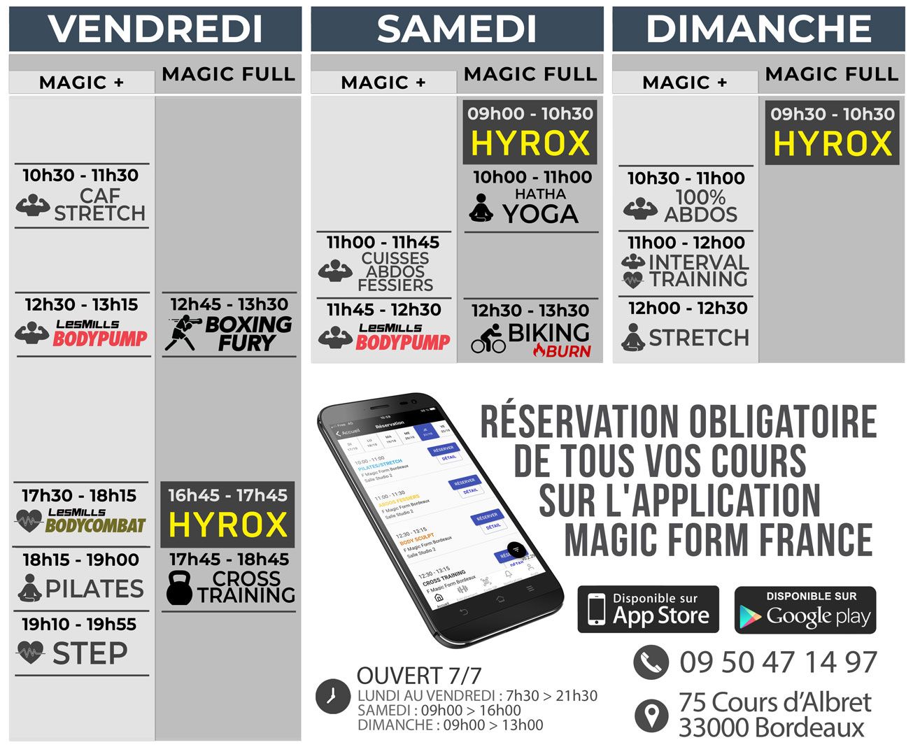 Vendredi Samedi Dimanche Planning Cours Collectif Fitness Salle de sport Bordeaux