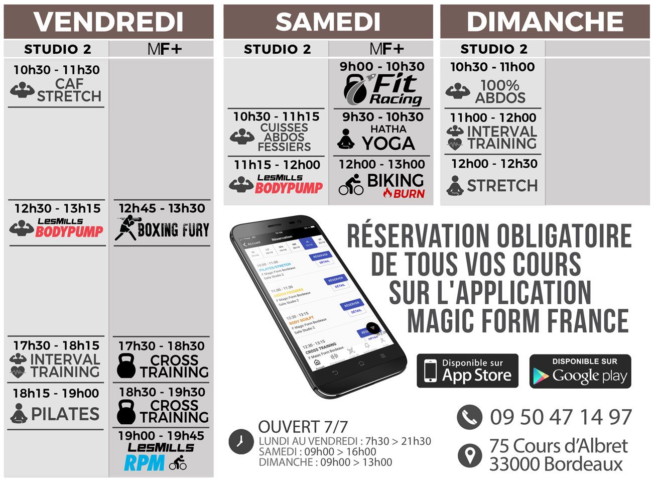 Vendredi Samedi Dimanche Planning Cours Collectif Fitness Salle de sport Bordeaux